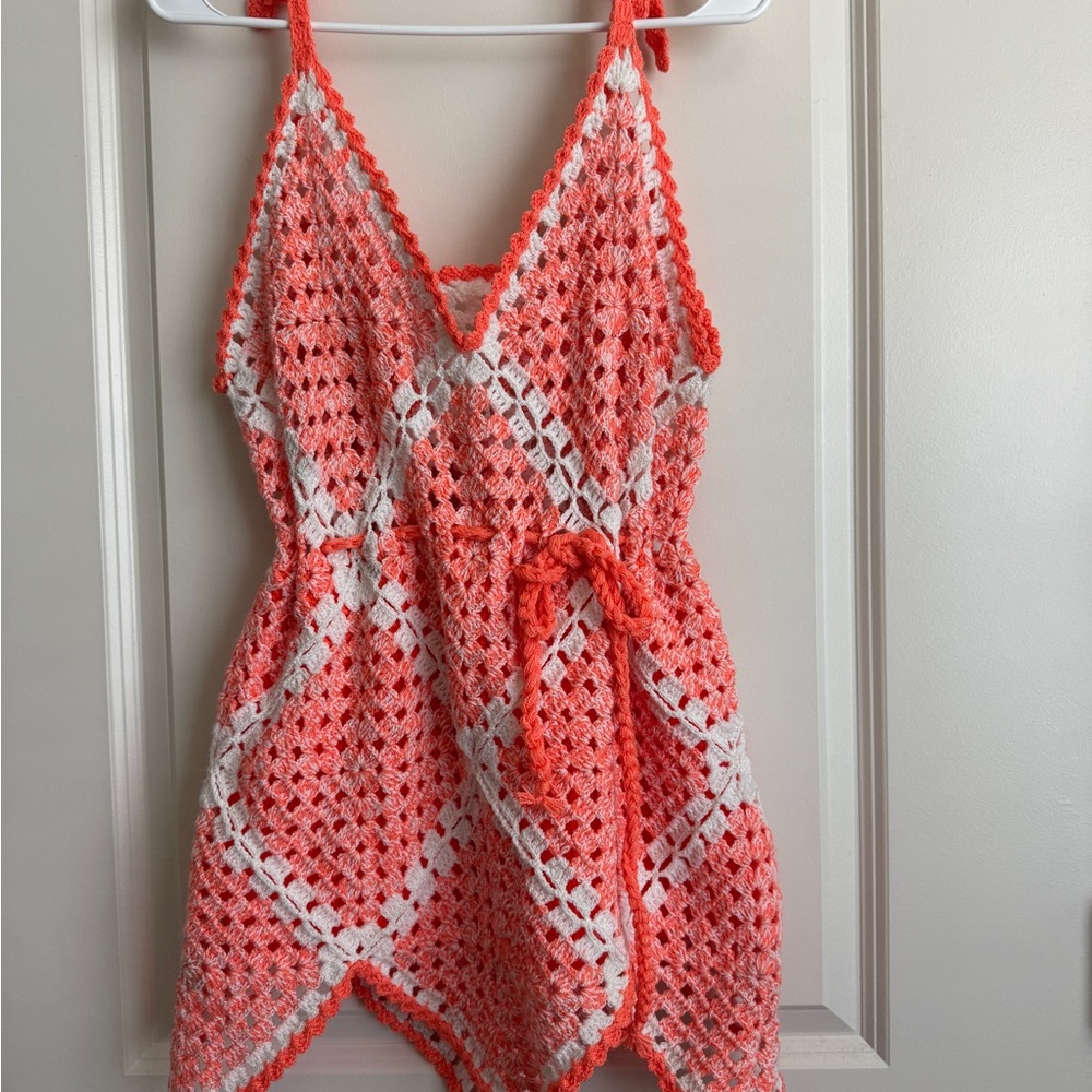 Crochet Halter Romper in Orange and White